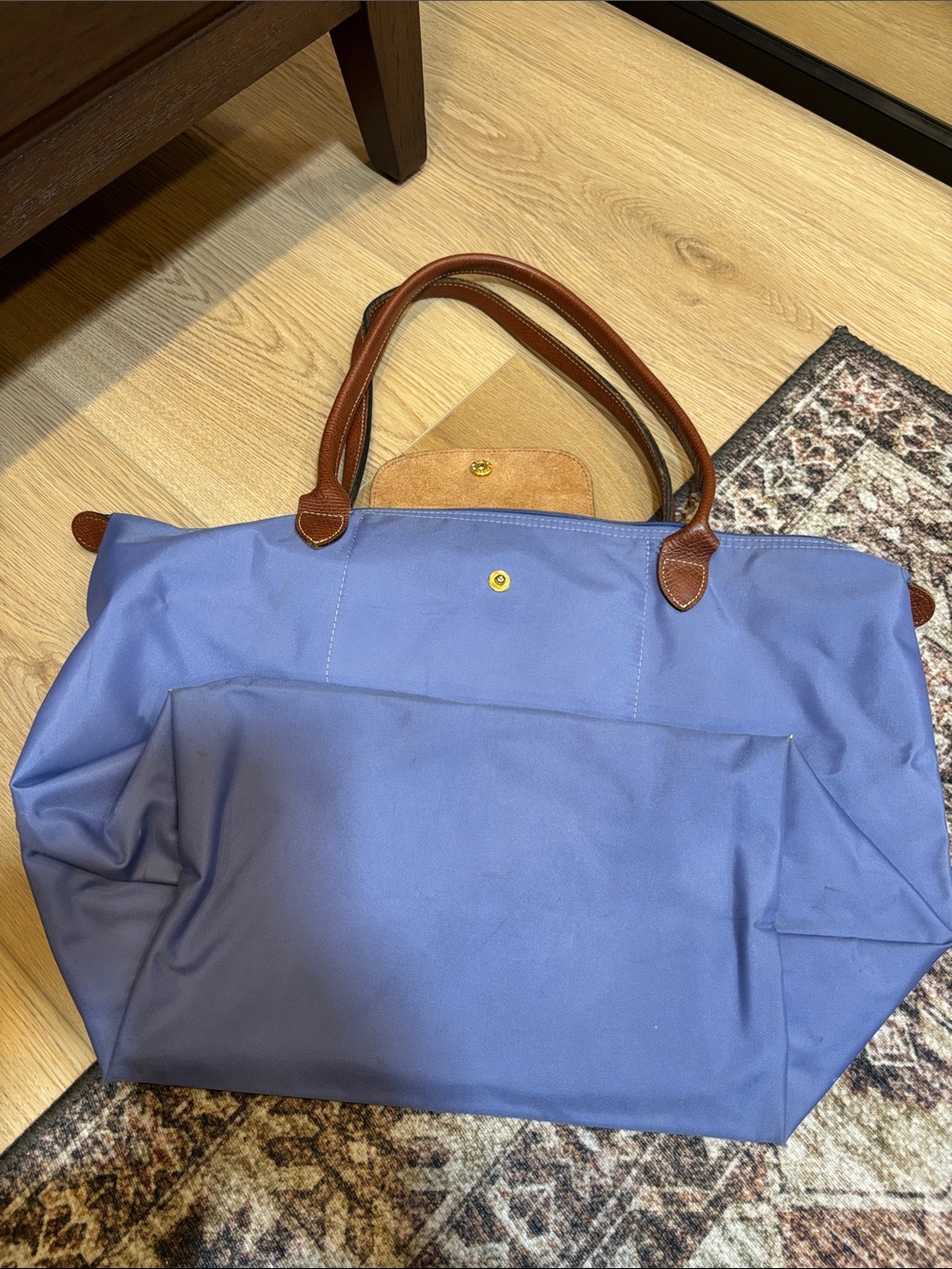 Longchamp Blue Tote with Brown Leather Handles